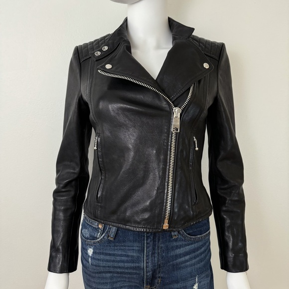 AllSaints Bircham Biker Leather Jacket Size 2 Black with Silver Hardware - Picture 2 of 15
